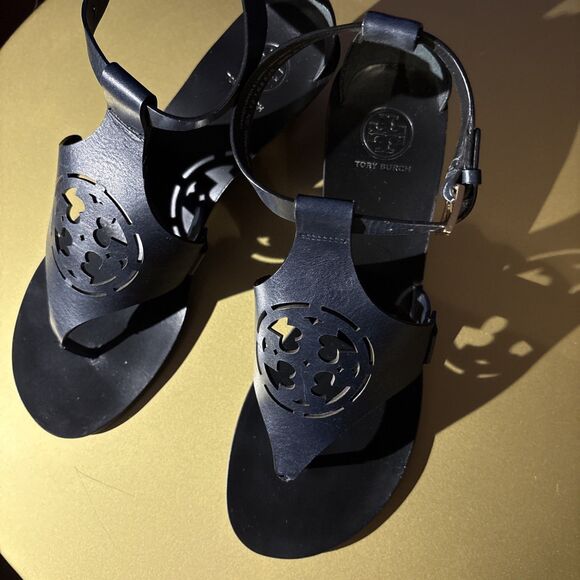 Tory Burch Leather Navy Zoey Wedge Heel Sandal Size 11M New With Box - Picture 8 of 11